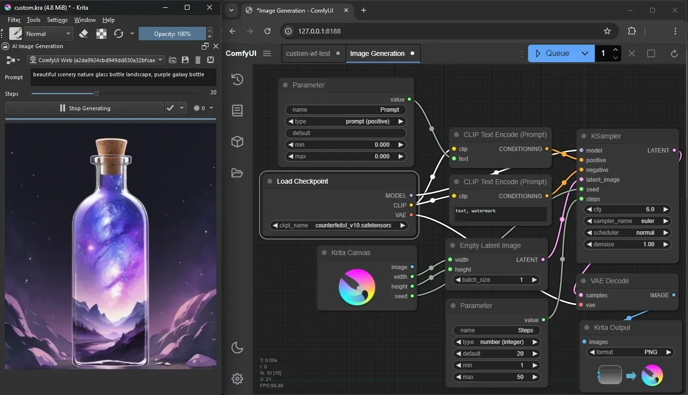 Example of using a basic node graph connected to Krita