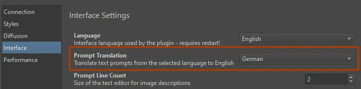 Enabling prompt translation in interface settings