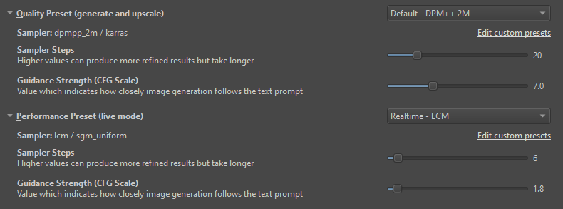 Extended settings for sampler presets