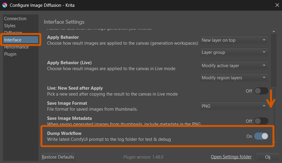Workflow export toggle in interface settings